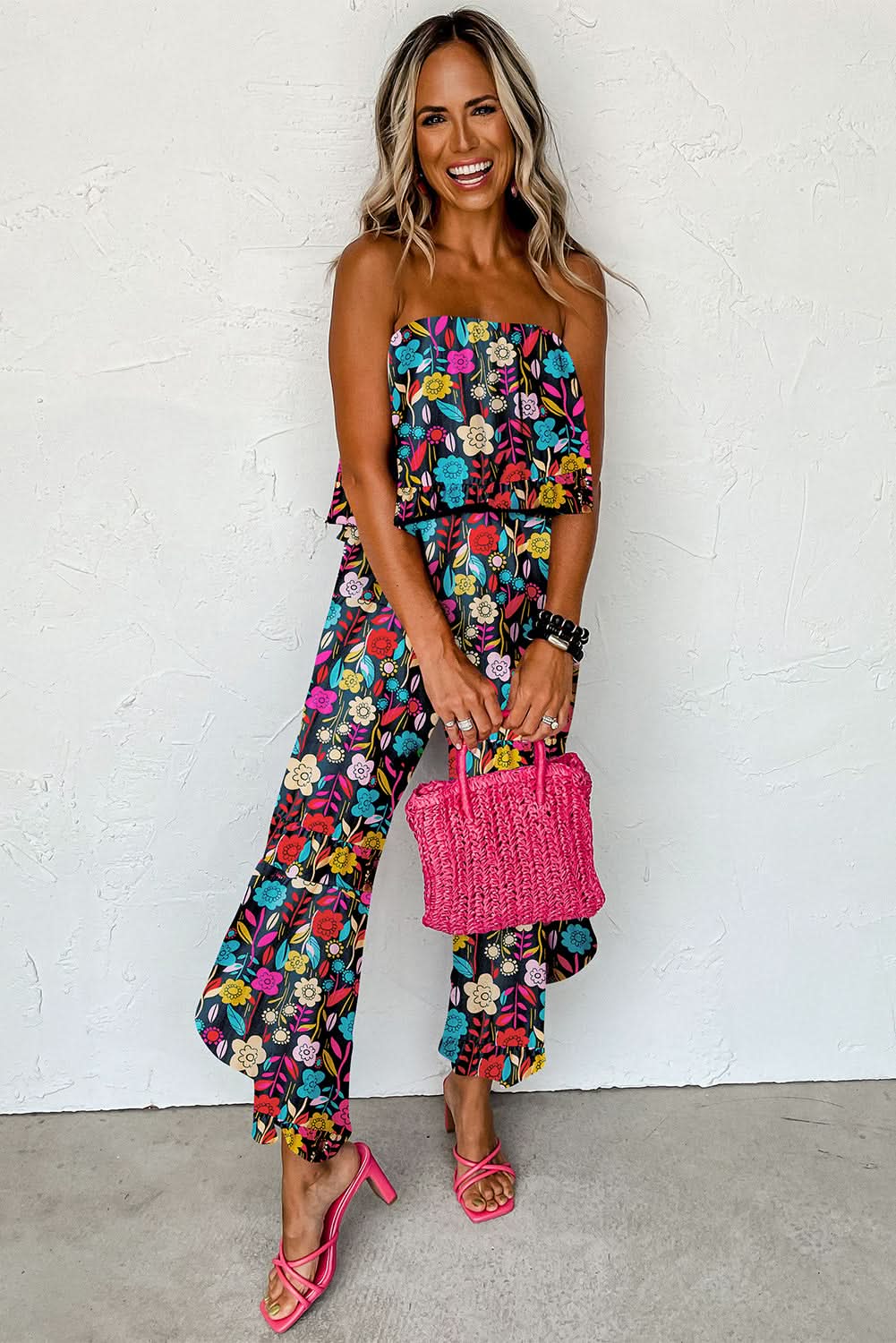 Red Mix Tropical Print Strapless Ruffled Jumpsuit - Love Salve 