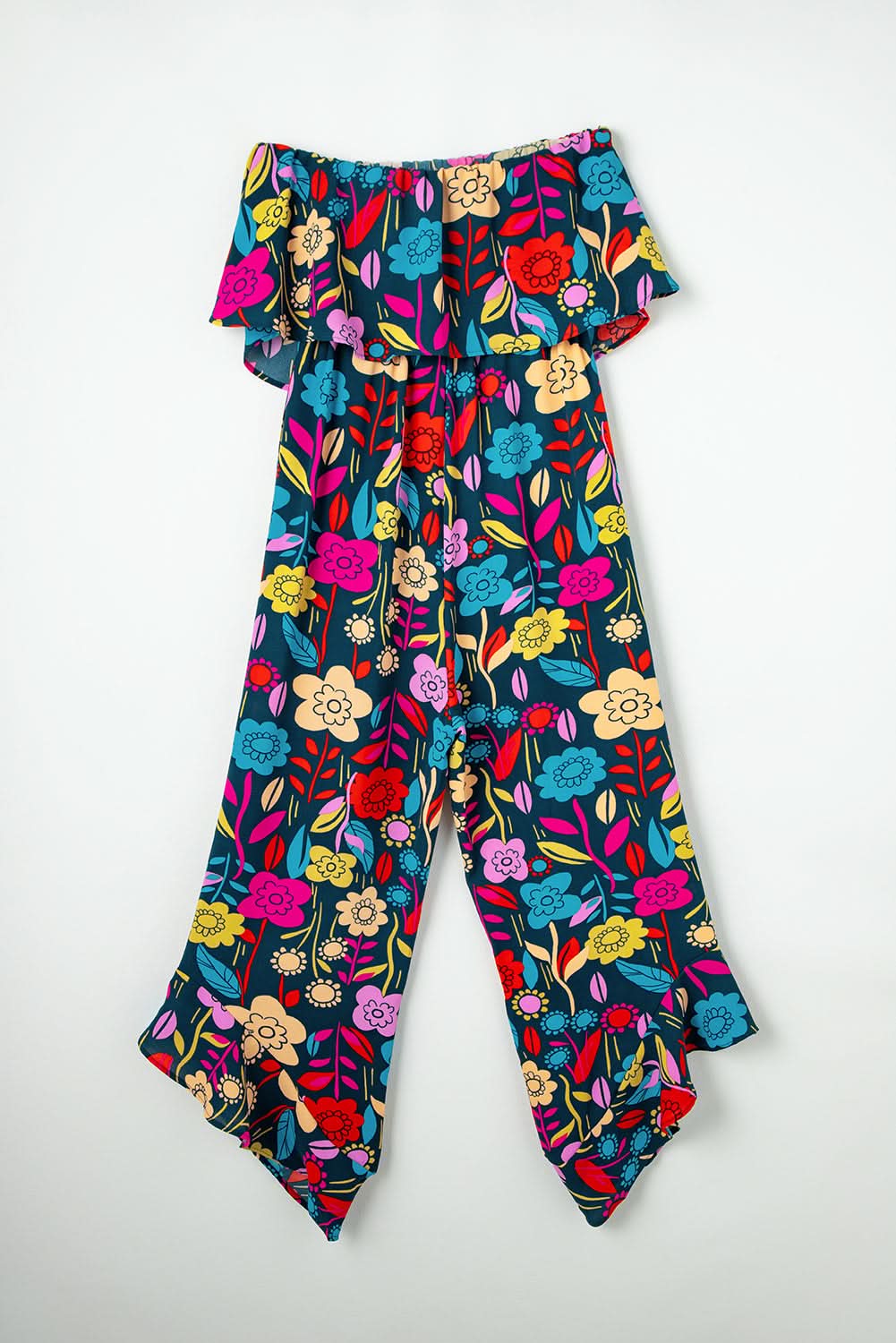 Red Mix Tropical Print Strapless Ruffled Jumpsuit - Love Salve 