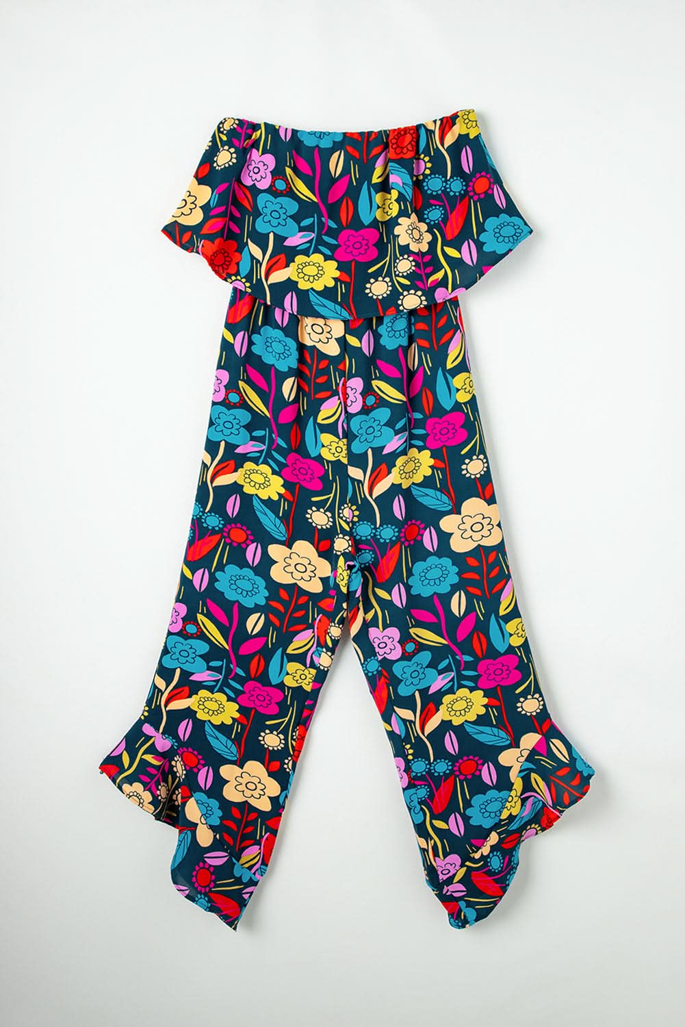 Red Mix Tropical Print Strapless Ruffled Jumpsuit - Love Salve 