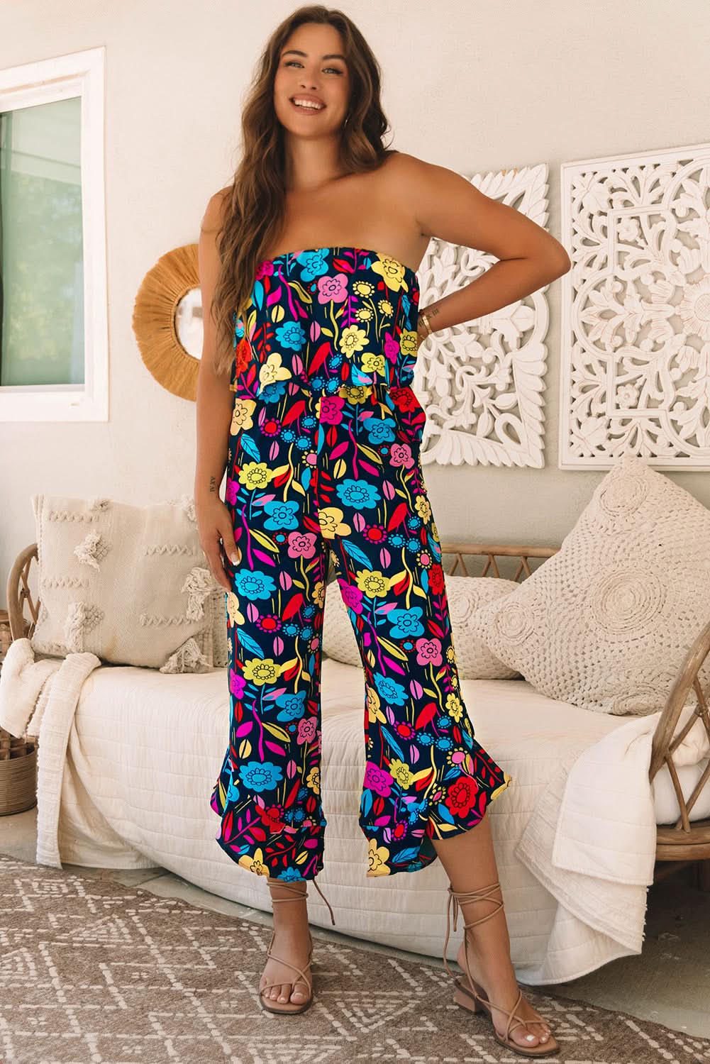 Red Mix Tropical Print Strapless Ruffled Jumpsuit - Love Salve 
