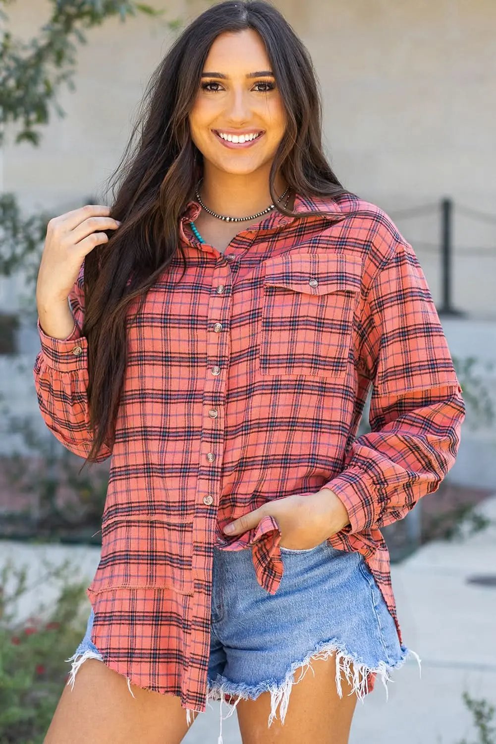Red Plaid Long Sleeeve Side Split Distressed Hem Shirt - Love Salve 