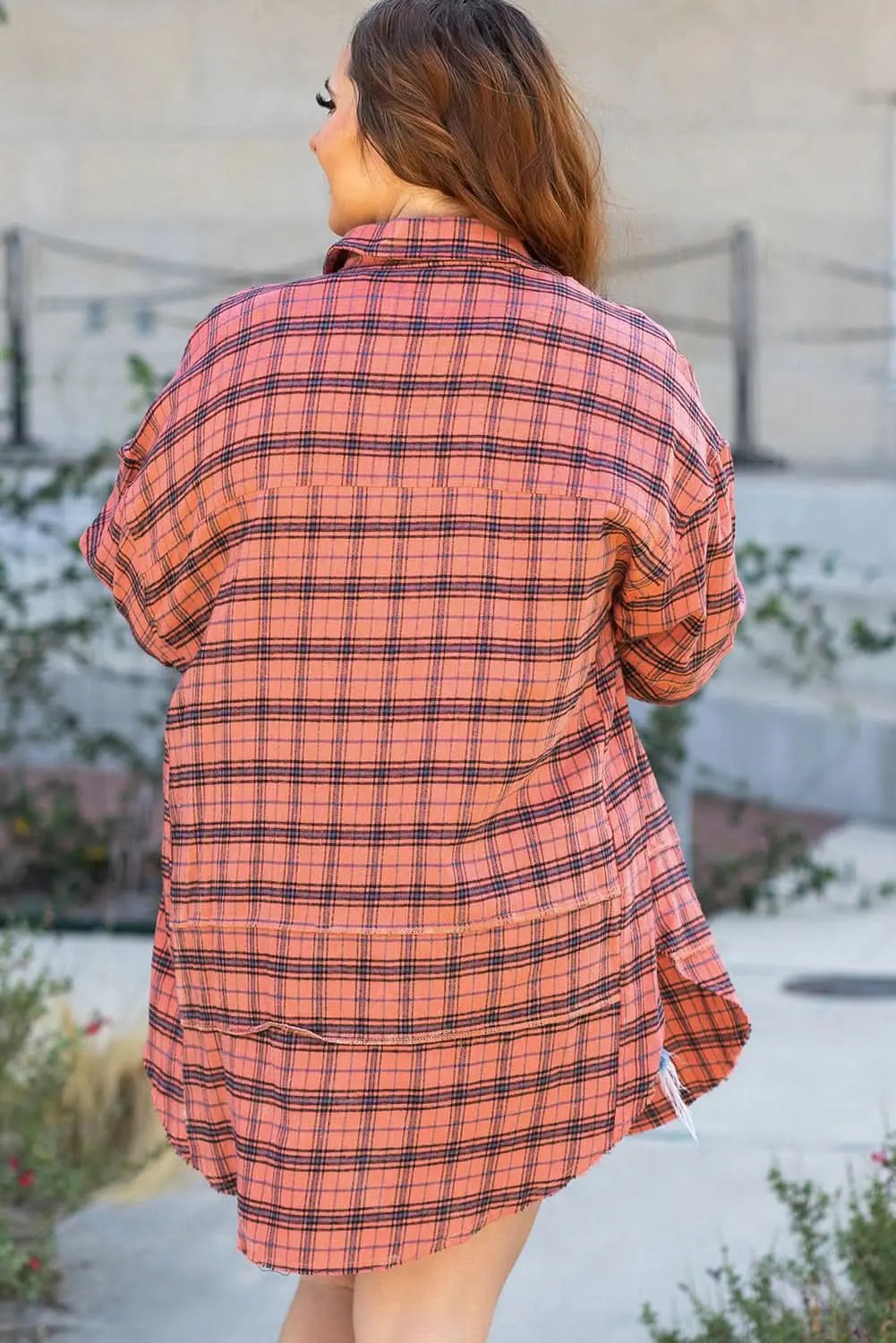 Red Plaid Long Sleeeve Side Split Distressed Hem Shirt - Love Salve 