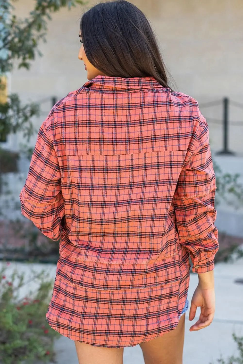 Red Plaid Long Sleeeve Side Split Distressed Hem Shirt - Love Salve 