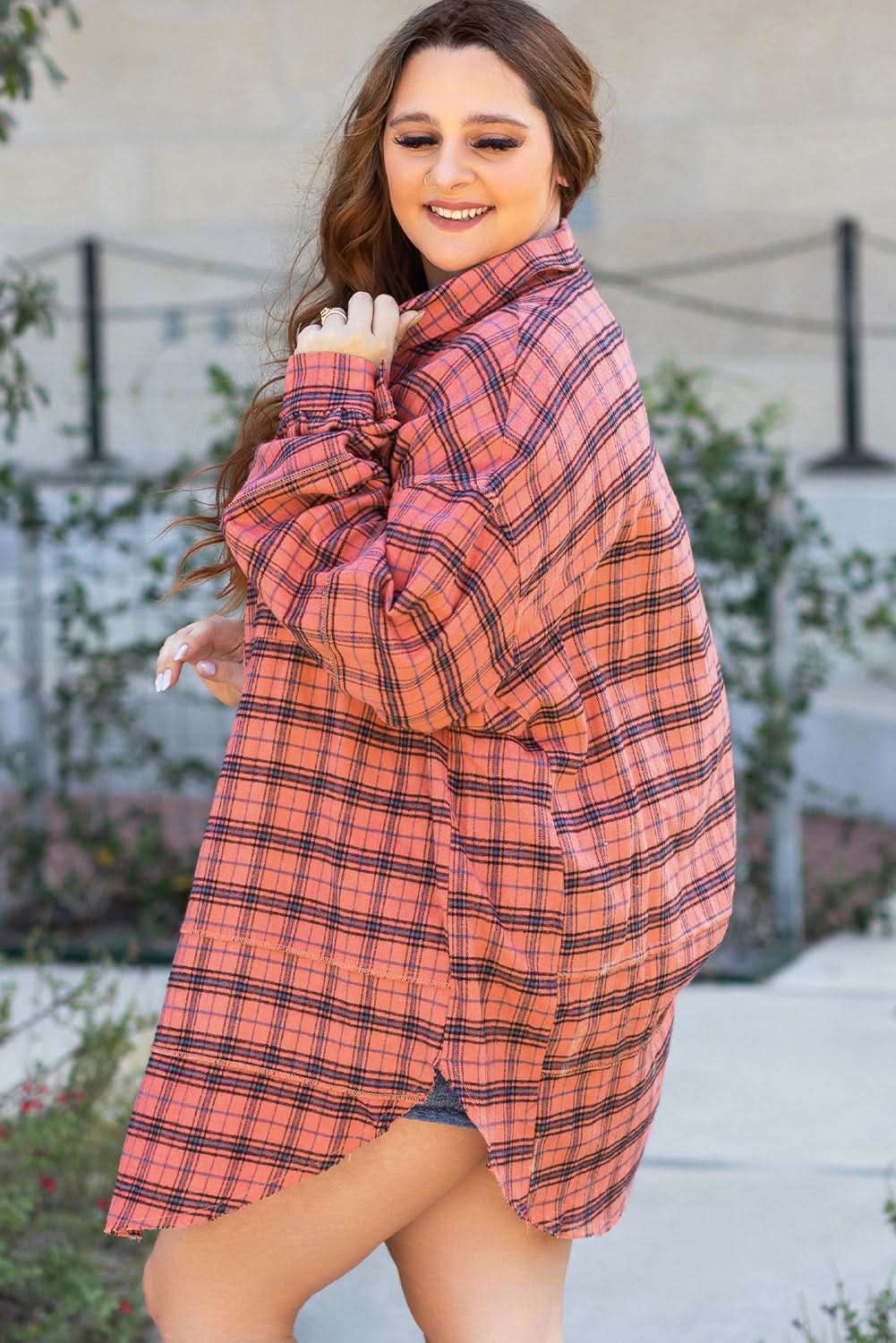 Red Plaid Long Sleeeve Side Split Distressed Hem Shirt - Love Salve 