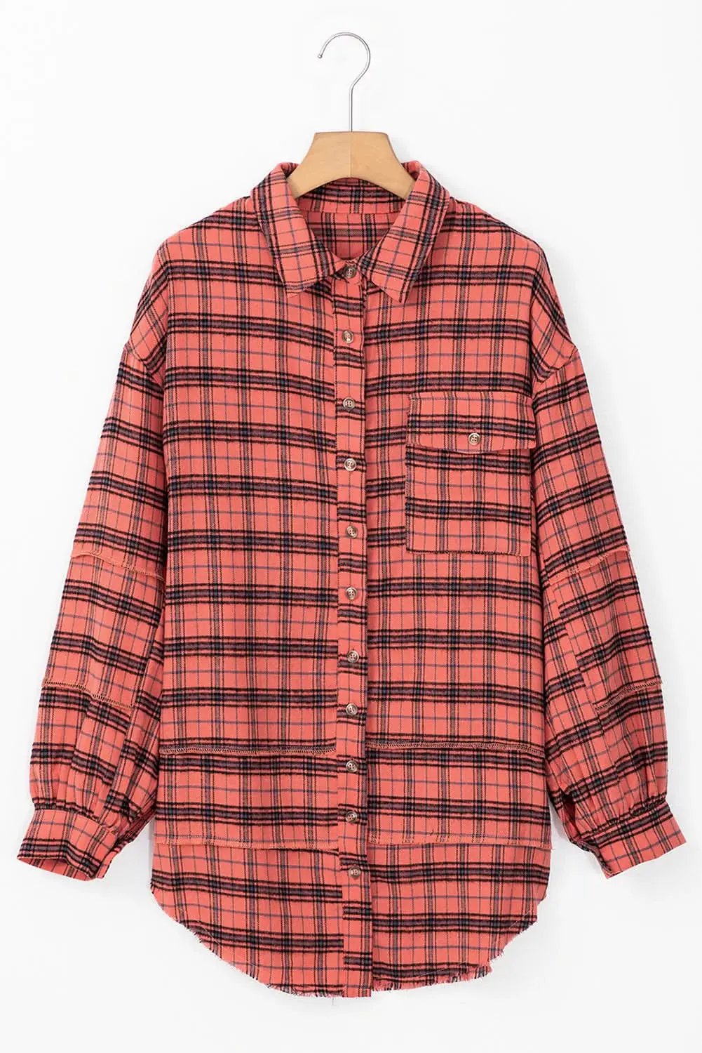 Red Plaid Long Sleeeve Side Split Distressed Hem Shirt - Love Salve 