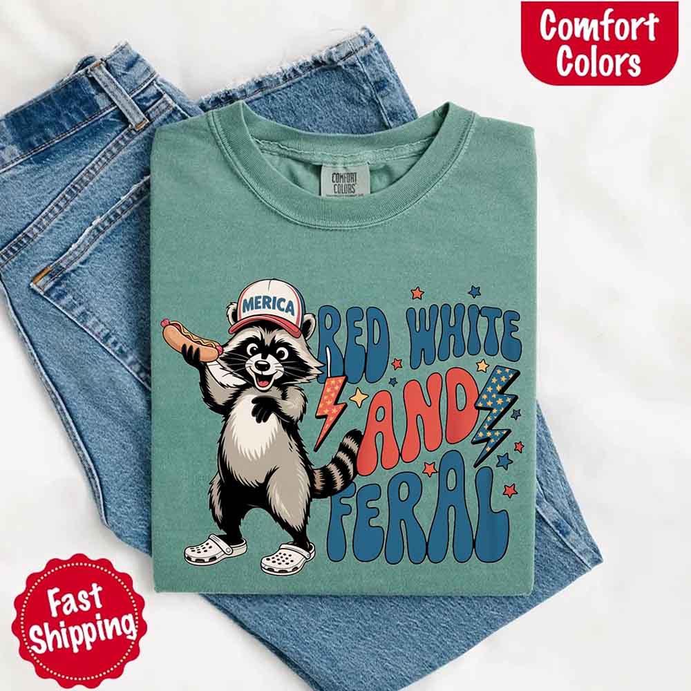 Red White & Feral Comfort Colors Tee – Funny Raccoon 4th of July Shirt Adorb Custom Tees
