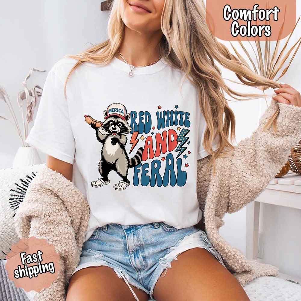 Red White & Feral Comfort Colors Tee – Funny Raccoon 4th of July Shirt Adorb Custom Tees