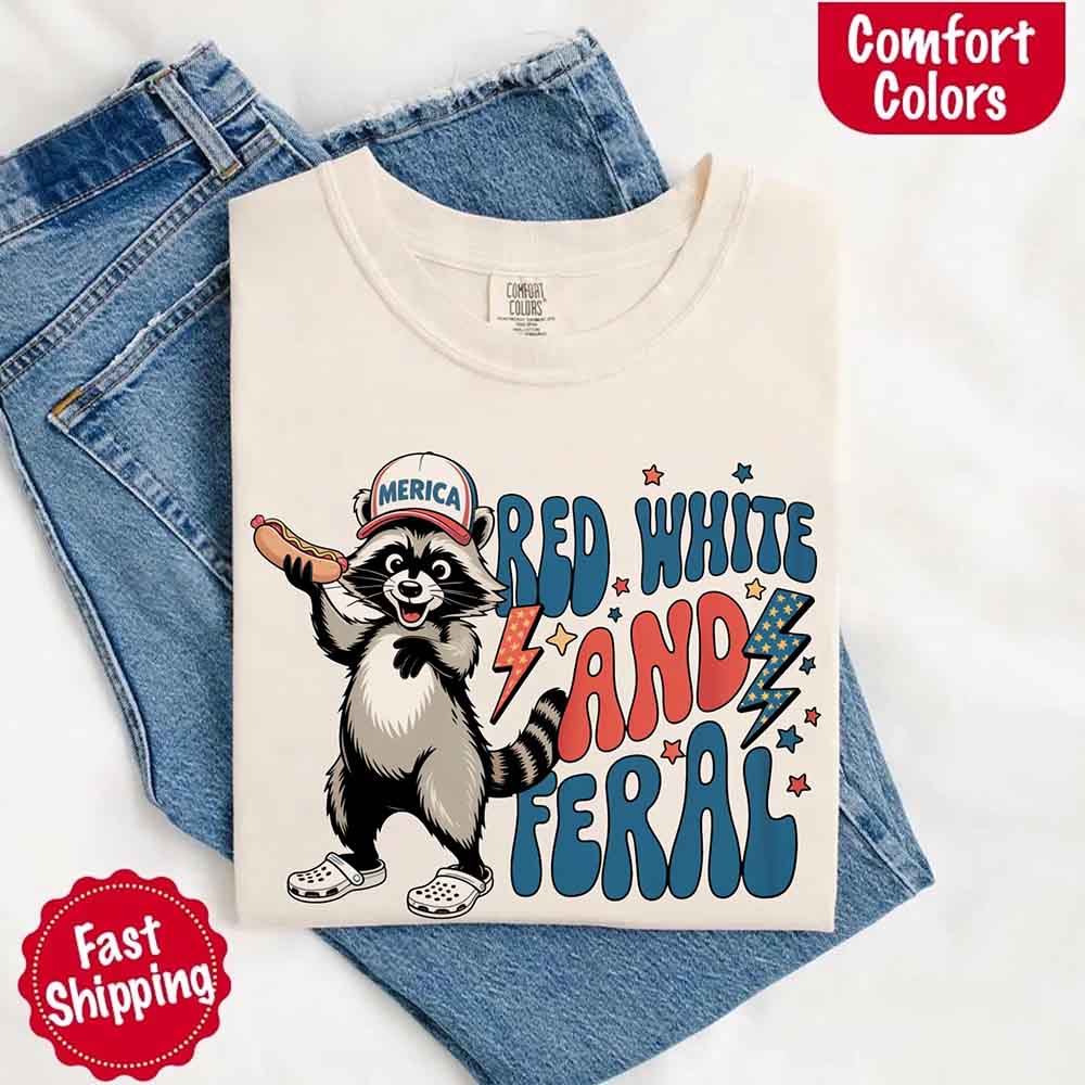 Red White & Feral Comfort Colors Tee – Funny Raccoon 4th of July Shirt Adorb Custom Tees