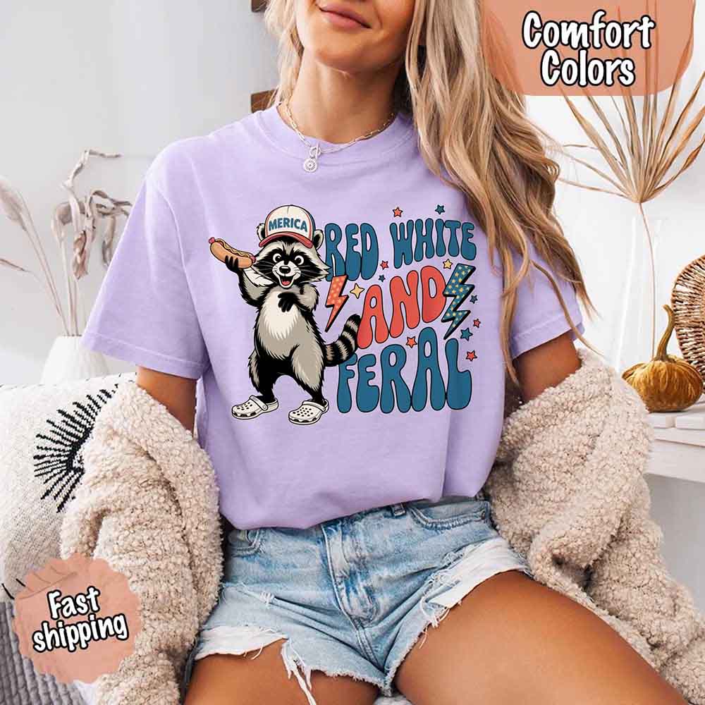 Red White & Feral Comfort Colors Tee – Funny Raccoon 4th of July Shirt Adorb Custom Tees