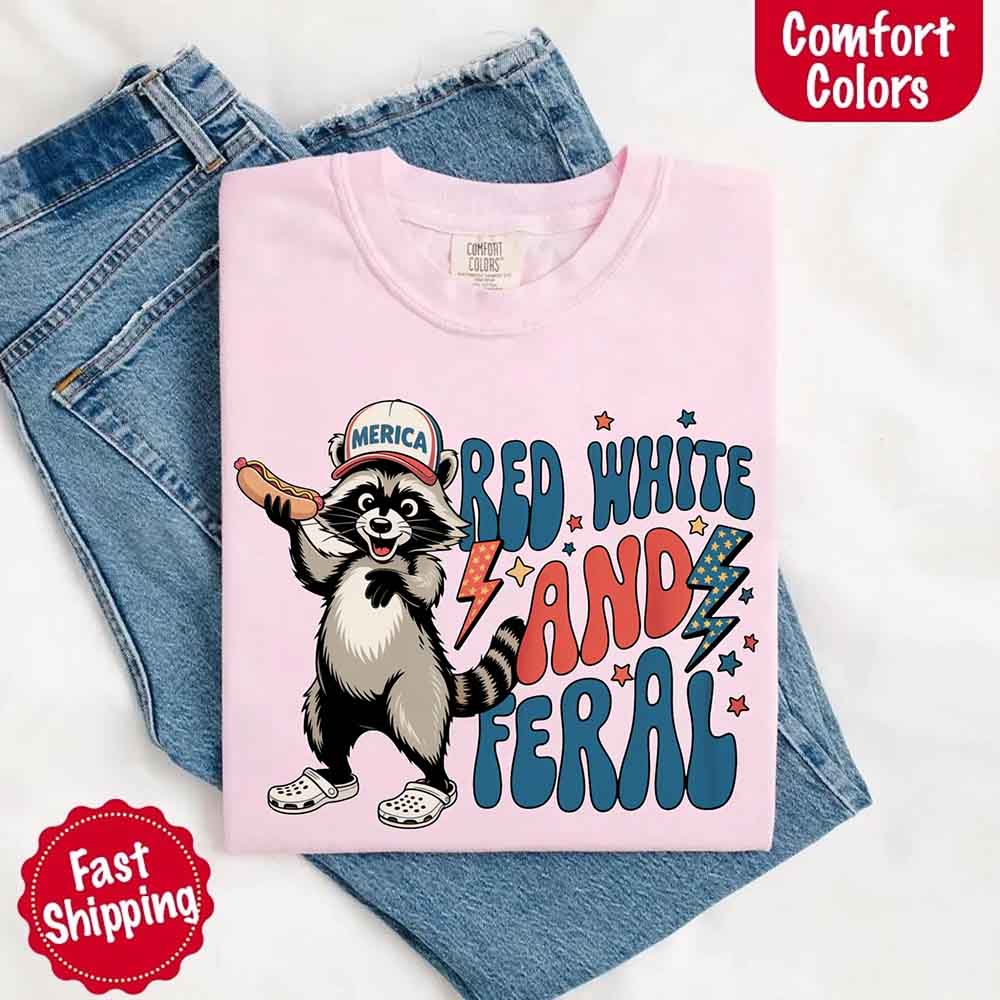 Red White & Feral Comfort Colors Tee – Funny Raccoon 4th of July Shirt Adorb Custom Tees