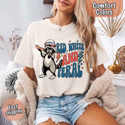 Red White & Feral Comfort Colors Tee – Funny Raccoon 4th of July Shirt