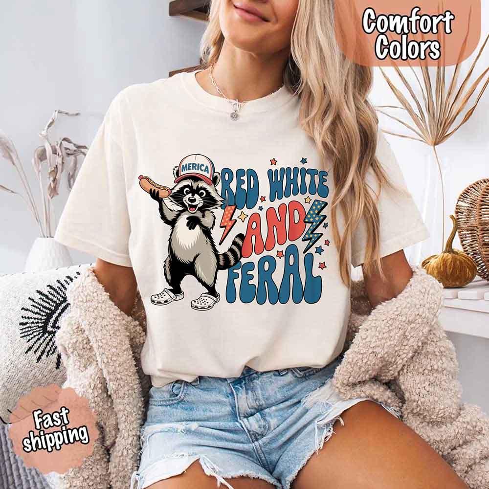 Another angle of the Red White & Feral Comfort Colors tee by Adorb Custom Tees, showing its texture and color.