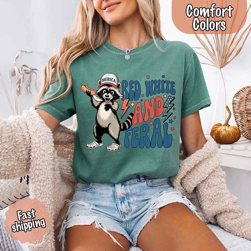 Red White & Feral Comfort Colors Tee – Funny Raccoon 4th of July Shirt Adorb Custom Tees