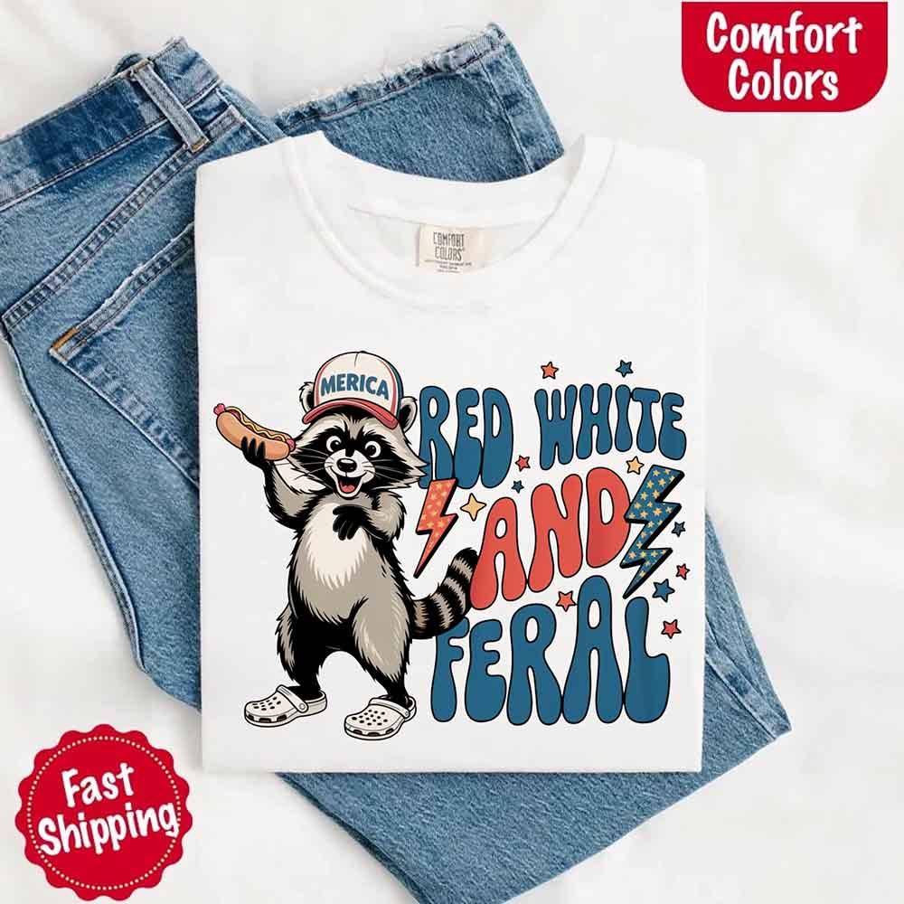 The Adorb Custom Tees funny raccoon shirt styled with denim shorts for a casual, patriotic 4th of July outfit.