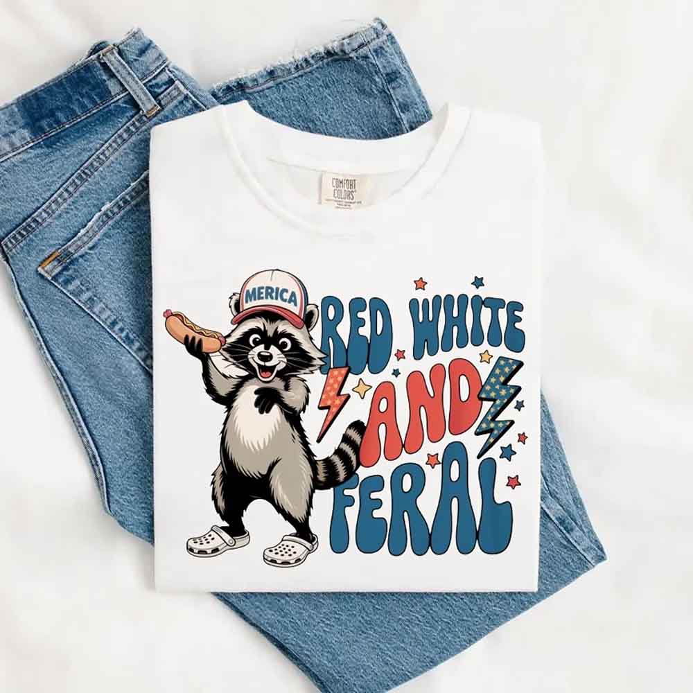 Red White & Feral Comfort Colors Tee – Funny Raccoon 4th of July Shirt Adorb Custom Tees