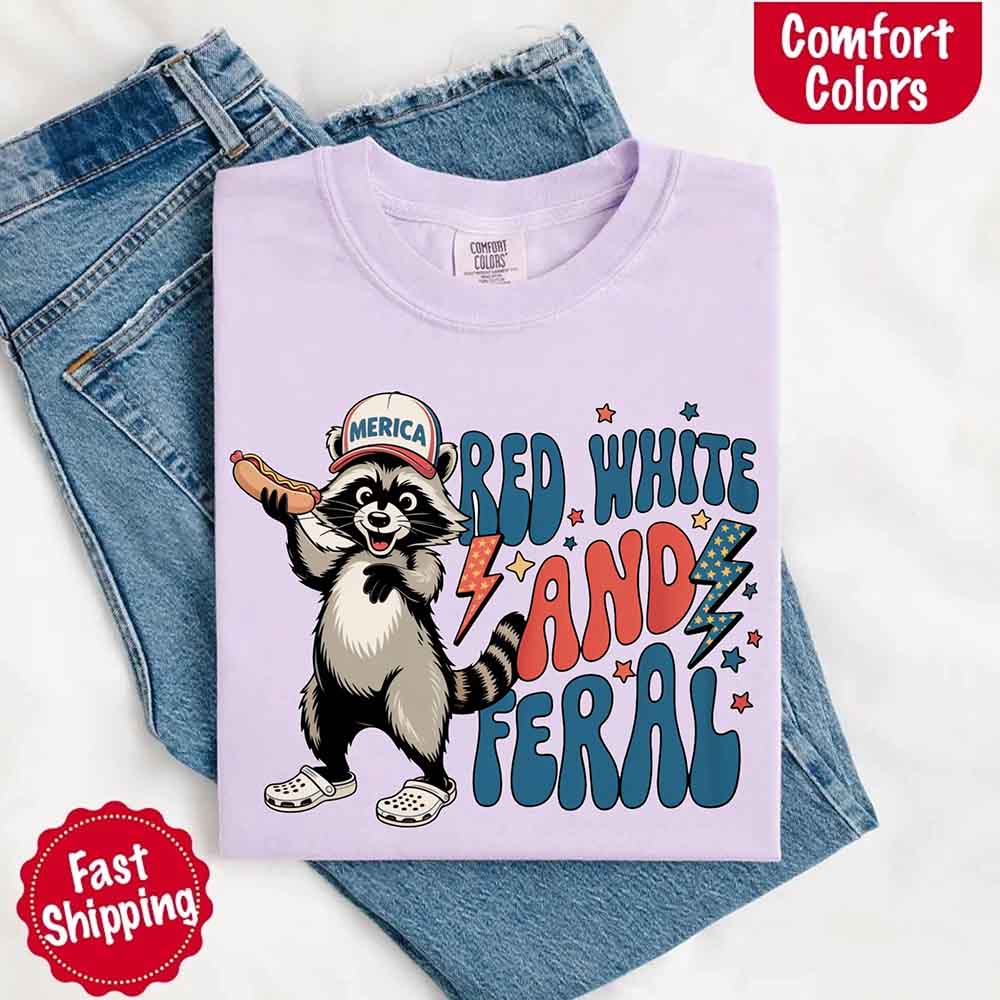 Red White & Feral Comfort Colors Tee – Funny Raccoon 4th of July Shirt Adorb Custom Tees