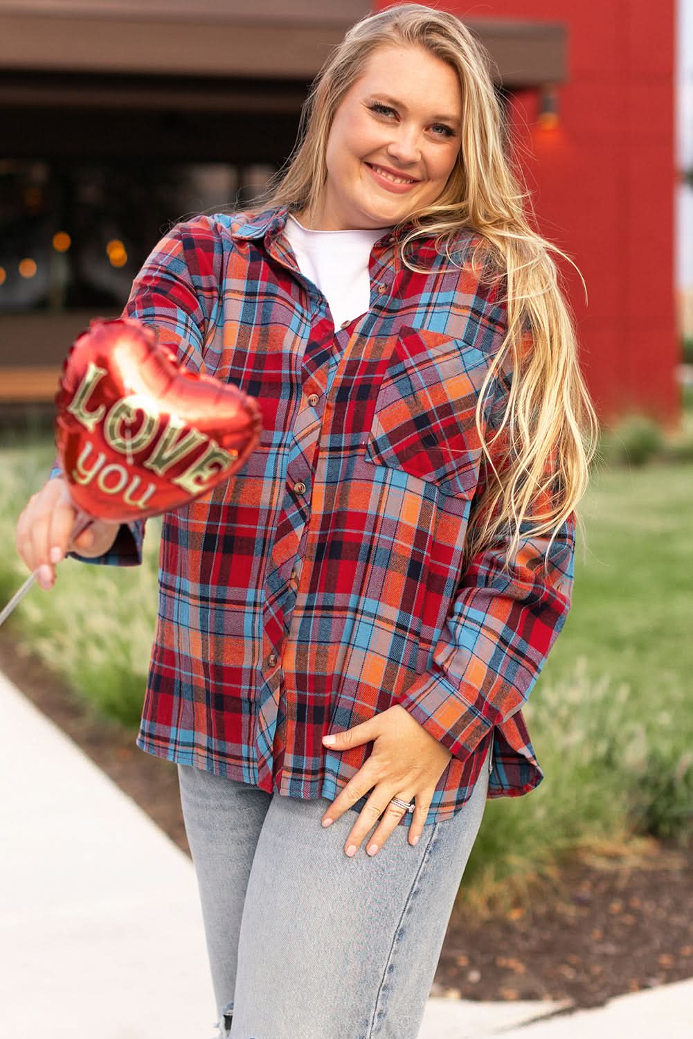 Red plaid plus size button-up shirt - Love Salve 