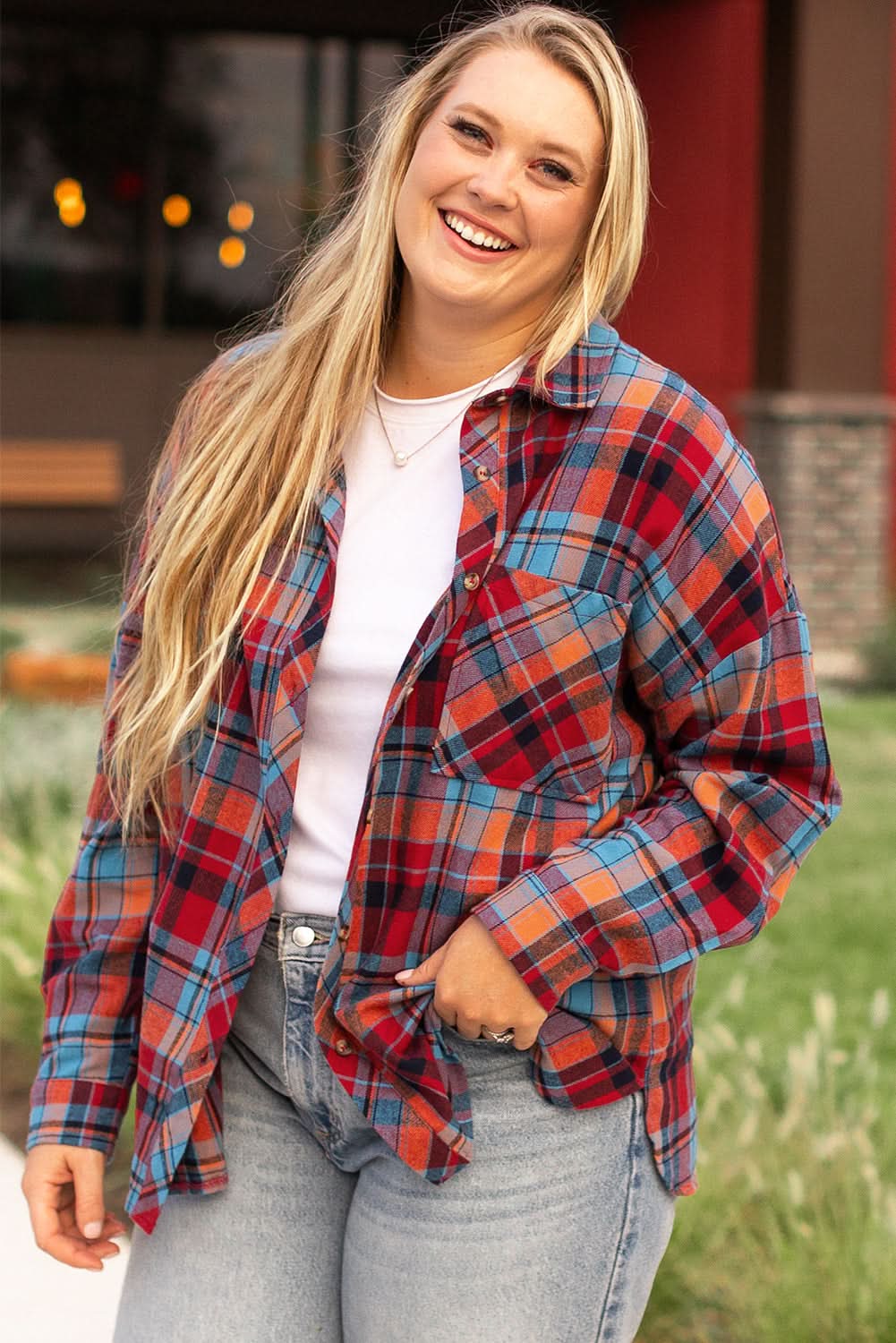 Red plaid plus size button-up shirt - Love Salve 