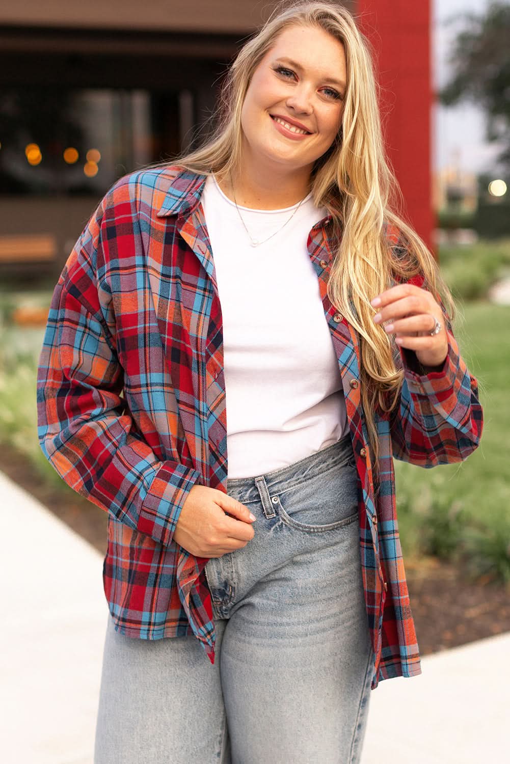 Red plaid plus size button-up shirt - Love Salve 