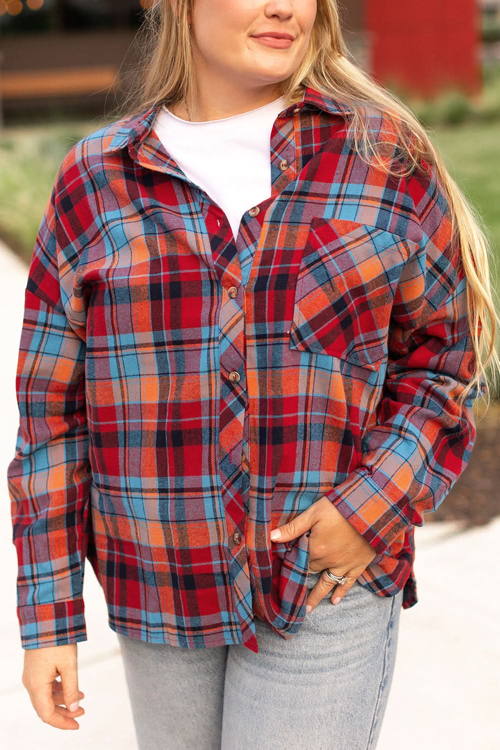 Red plaid plus size button-up shirt - Love Salve 