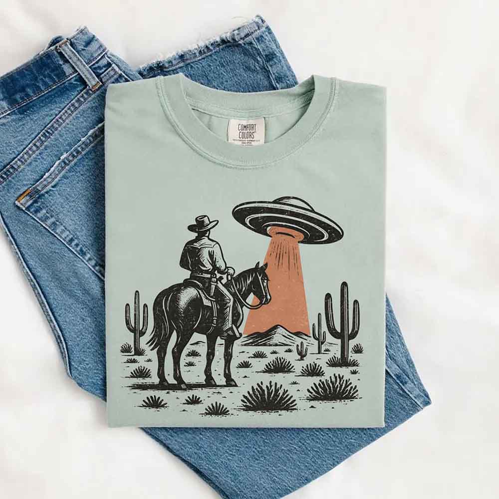 Retro UFO Cowboy Tee – Unisex Comfort Colors Shirt Adorb Custom Tees