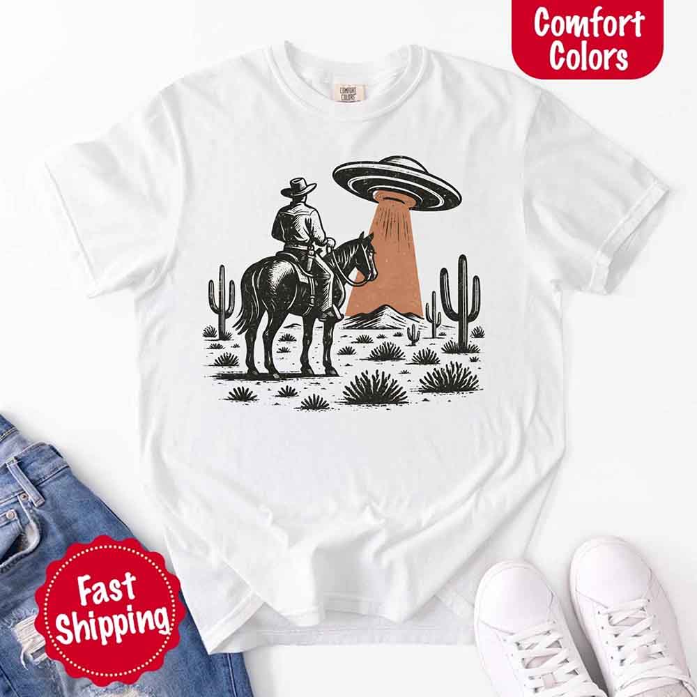 Retro UFO Cowboy Tee – Unisex Comfort Colors Shirt Adorb Custom Tees