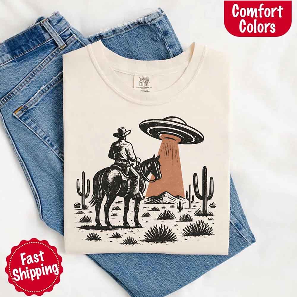 Retro UFO Cowboy Tee – Unisex Comfort Colors Shirt Adorb Custom Tees