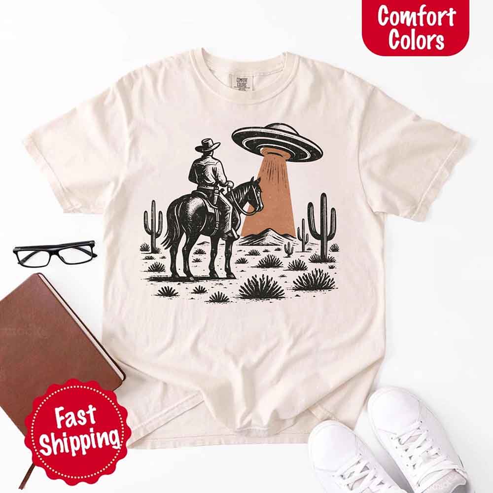 Retro UFO Cowboy Tee – Unisex Comfort Colors Shirt Adorb Custom Tees