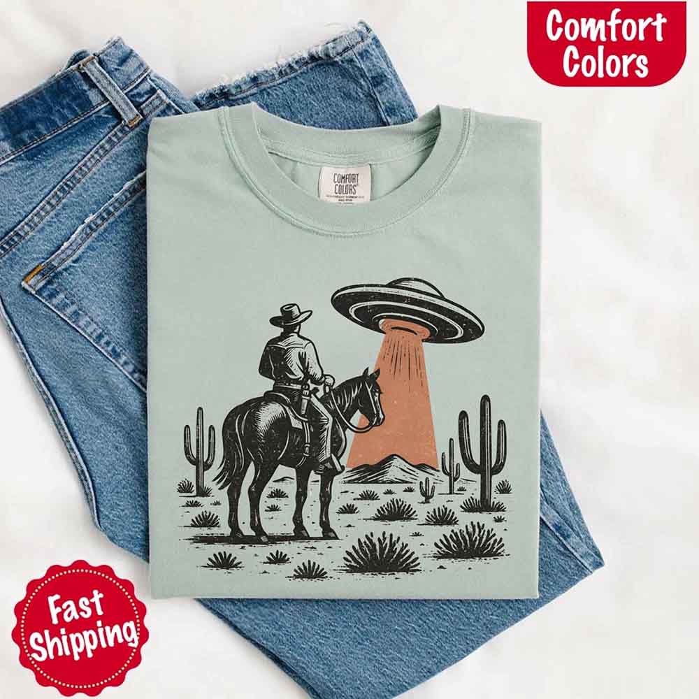 Retro UFO Cowboy Tee – Unisex Comfort Colors Shirt Adorb Custom Tees