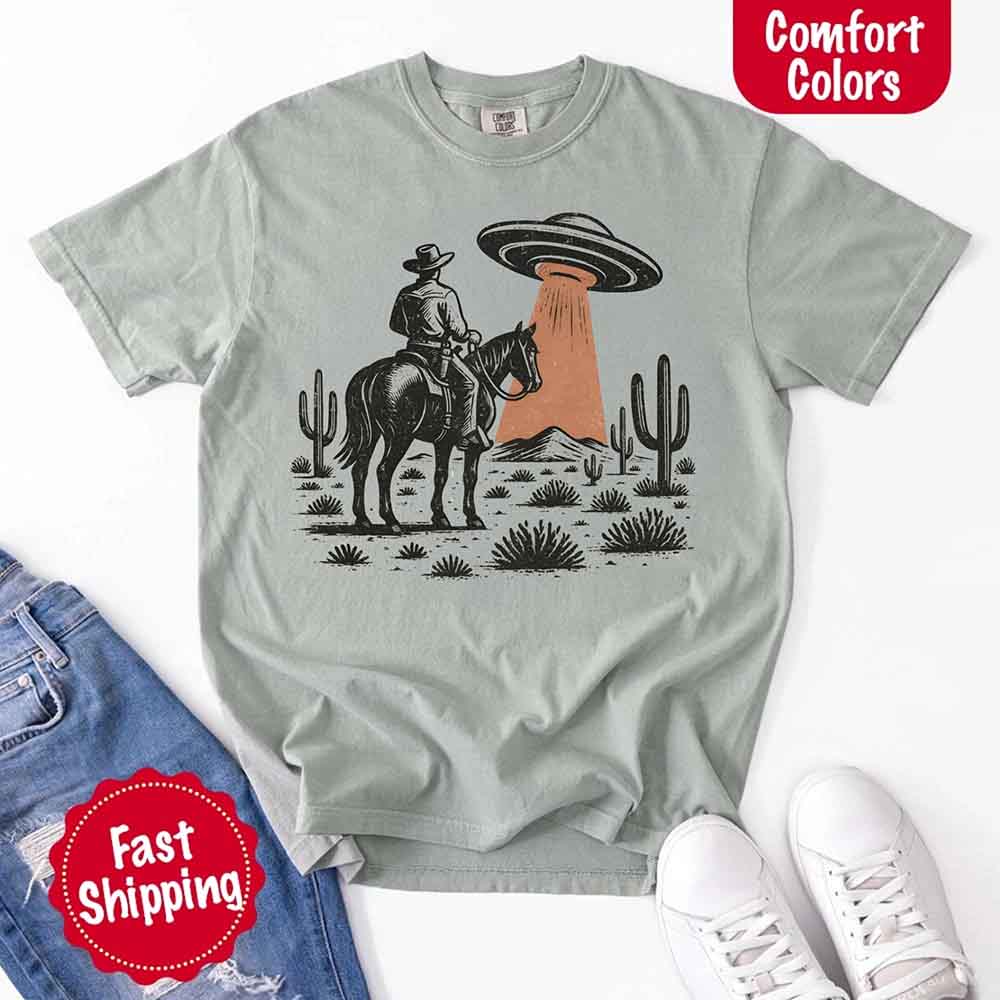 Retro UFO Cowboy Tee – Unisex Comfort Colors Shirt Adorb Custom Tees