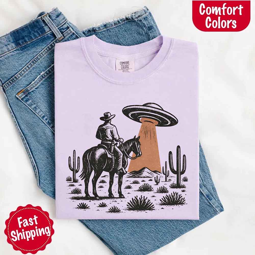 Retro UFO Cowboy Tee – Unisex Comfort Colors Shirt Adorb Custom Tees