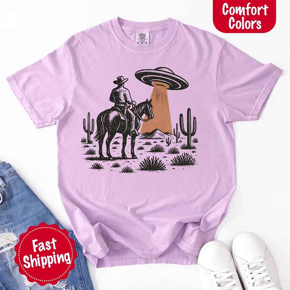 Retro UFO Cowboy Tee – Unisex Comfort Colors Shirt Adorb Custom Tees