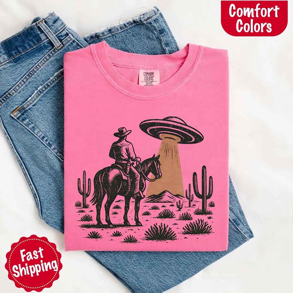 Retro UFO Cowboy Tee – Unisex Comfort Colors Shirt Adorb Custom Tees