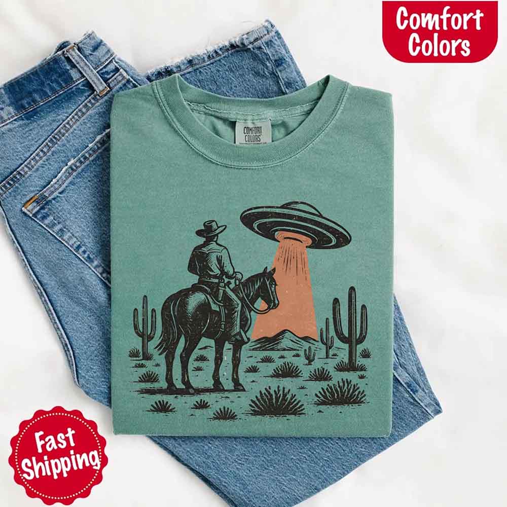 Retro UFO Cowboy Tee – Unisex Comfort Colors Shirt Adorb Custom Tees