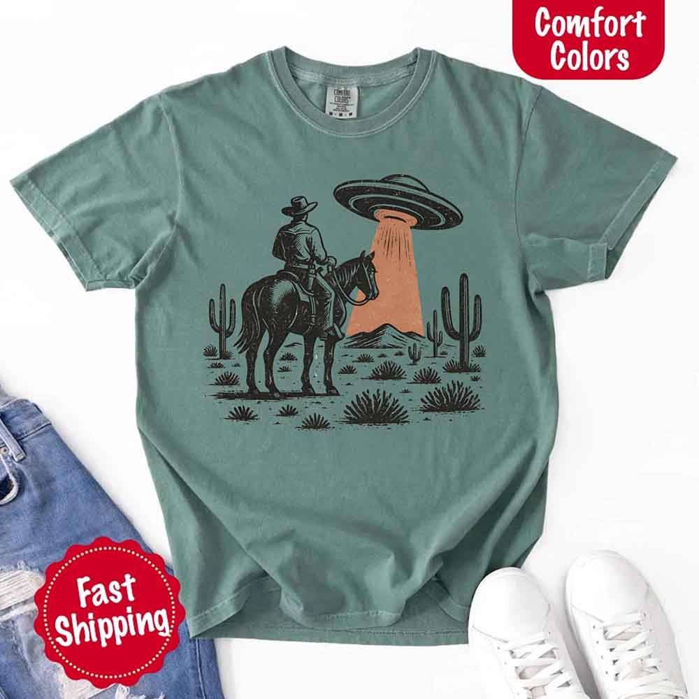 Retro UFO Cowboy Tee – Unisex Comfort Colors Shirt Adorb Custom Tees
