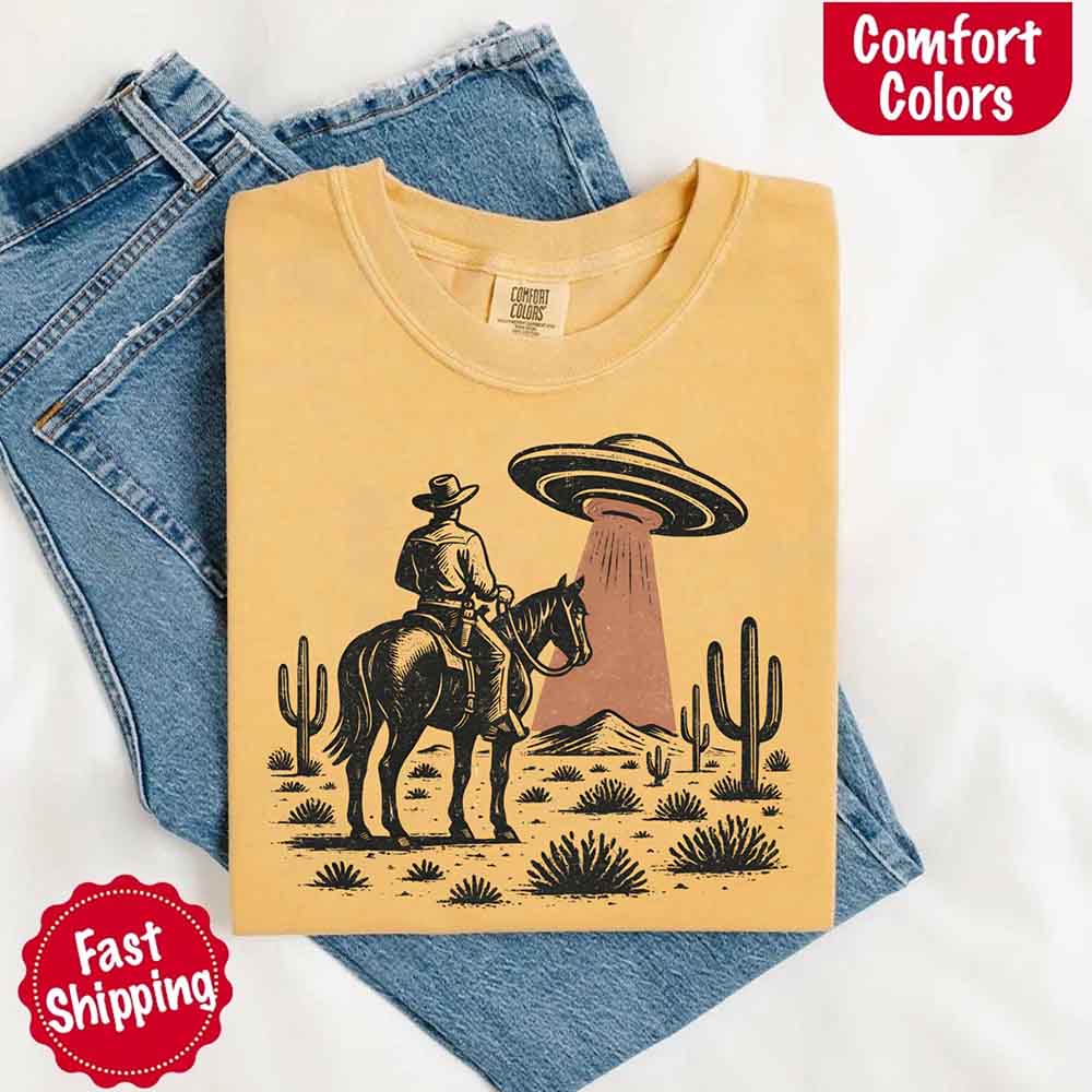 Retro UFO Cowboy Tee – Unisex Comfort Colors Shirt Adorb Custom Tees