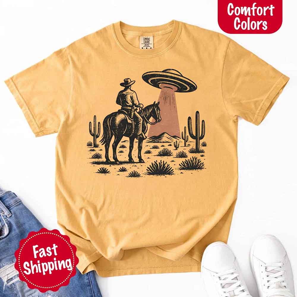 Retro UFO Cowboy Tee – Unisex Comfort Colors Shirt Adorb Custom Tees
