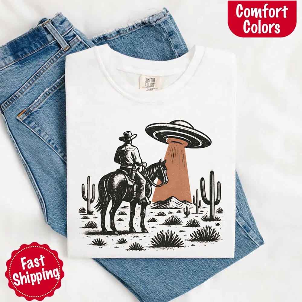 Retro UFO Cowboy Tee – Unisex Comfort Colors Shirt Adorb Custom Tees