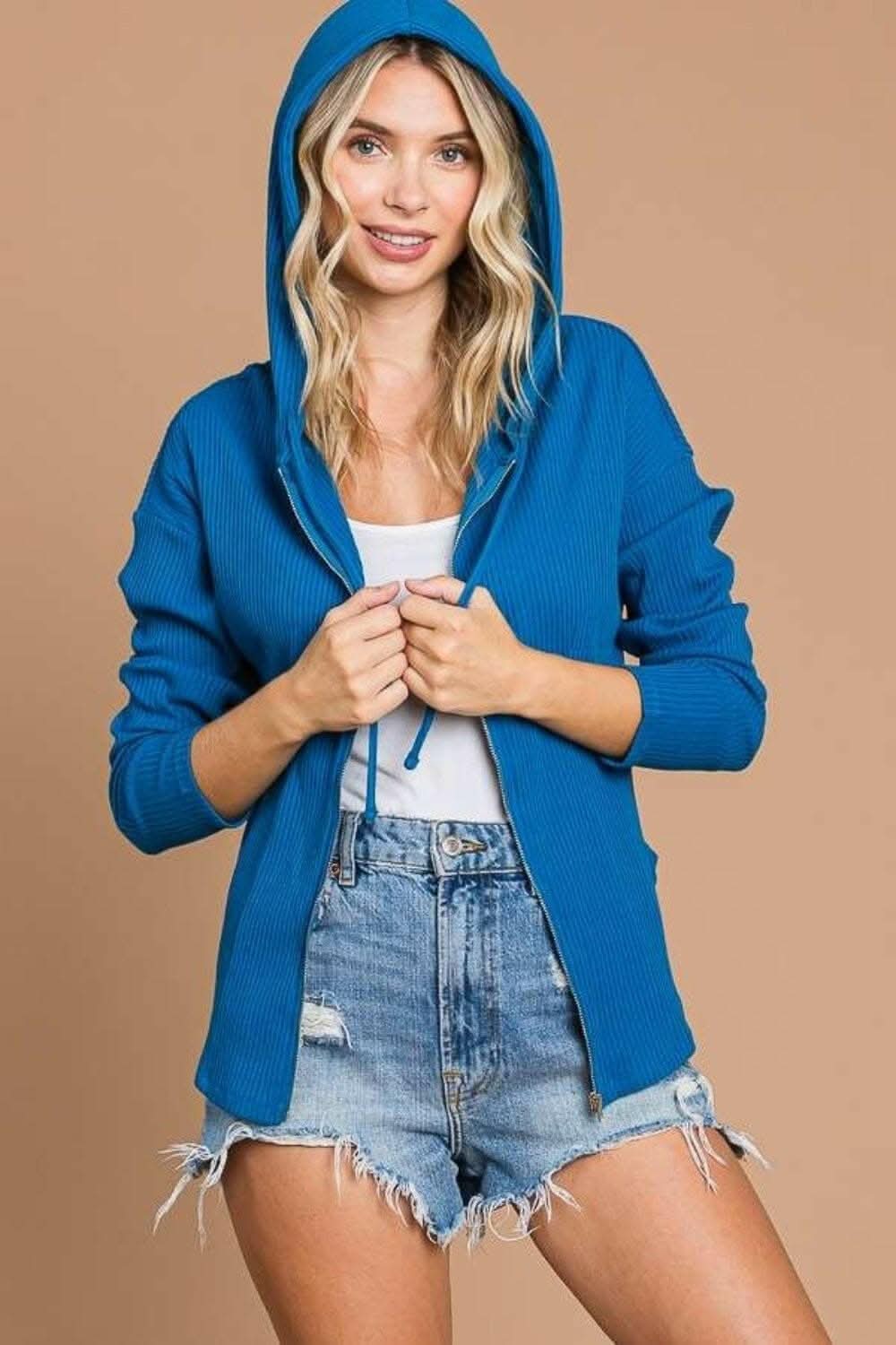 Ribbed Zip Up Drawstring Hooded Jacket with a Touch of Culture 