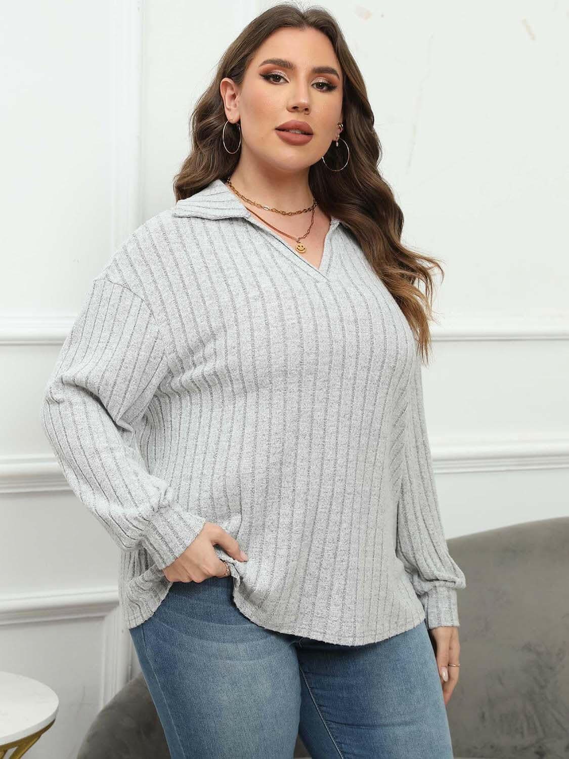 Ribbed collared plus size top - Love Salve 