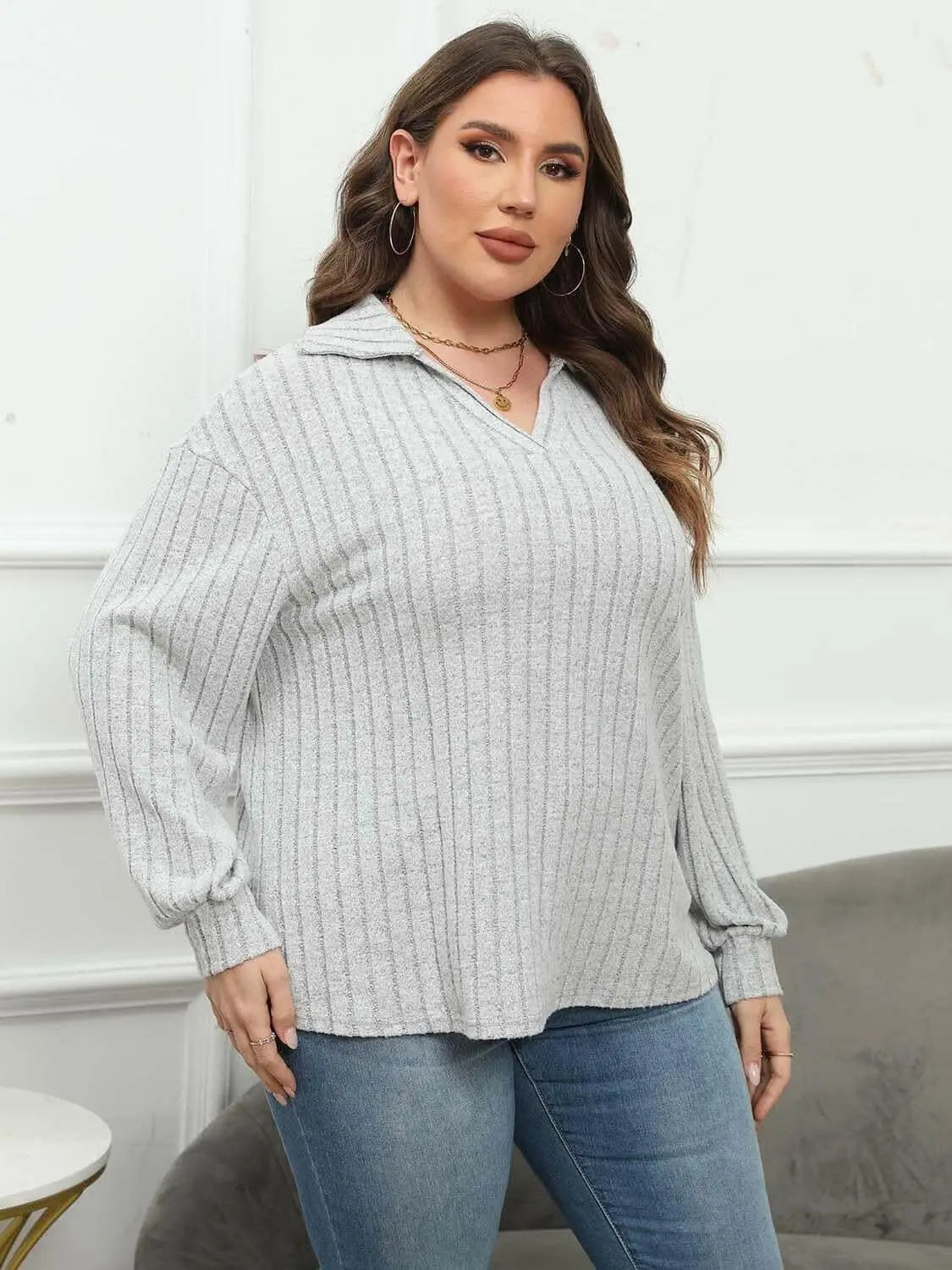 Ribbed collared plus size top - Love Salve 