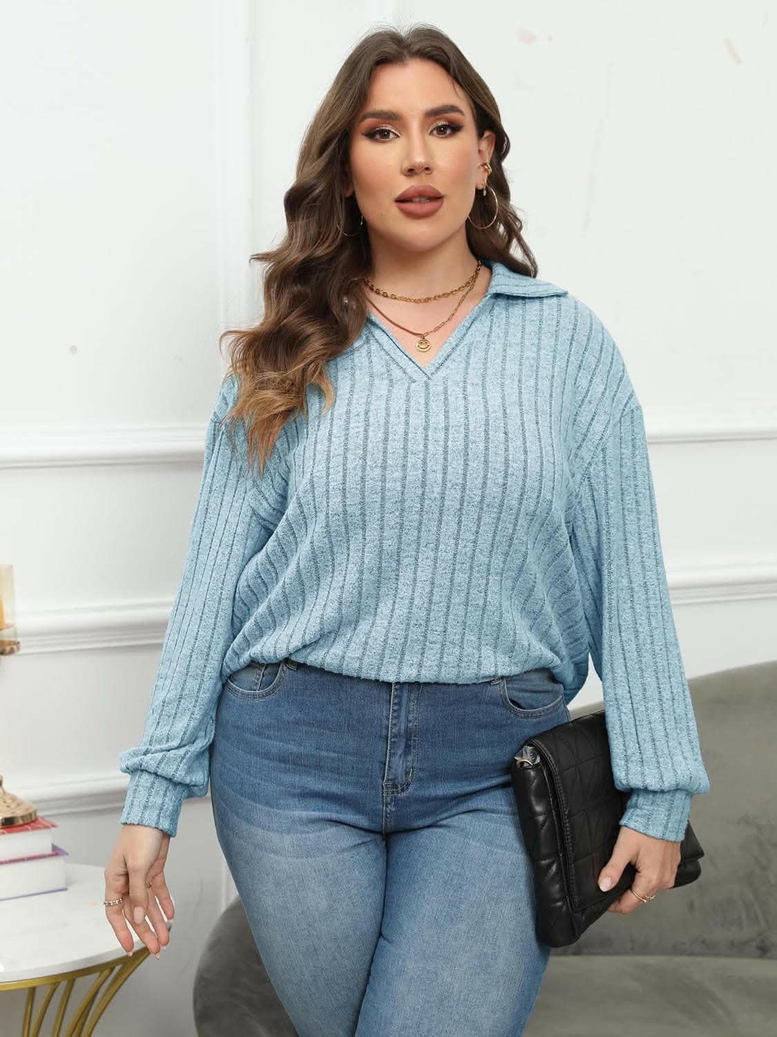 Ribbed collared plus size top - Love Salve 