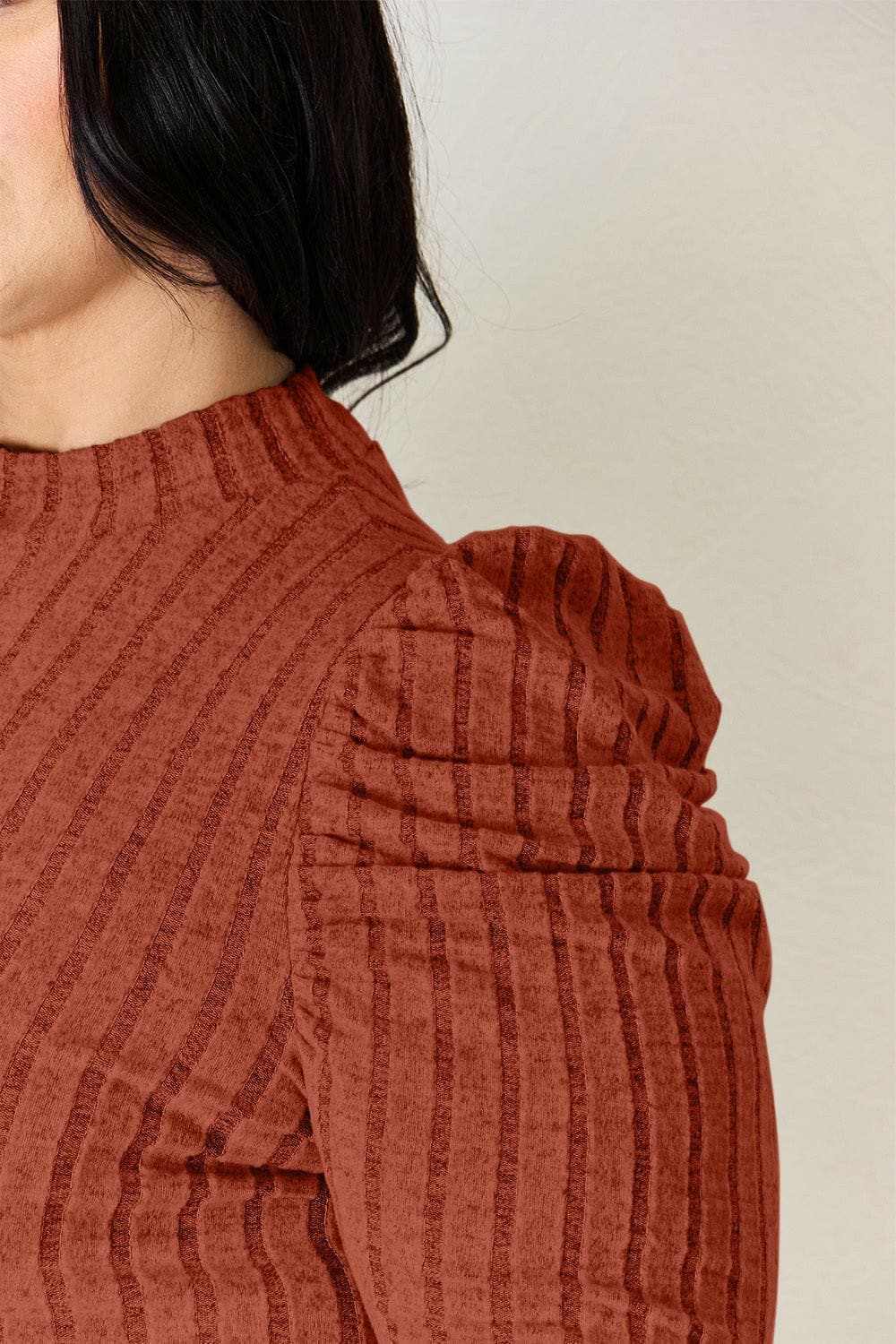 Ribbed mock neck top with puff sleeves - Love Salve 