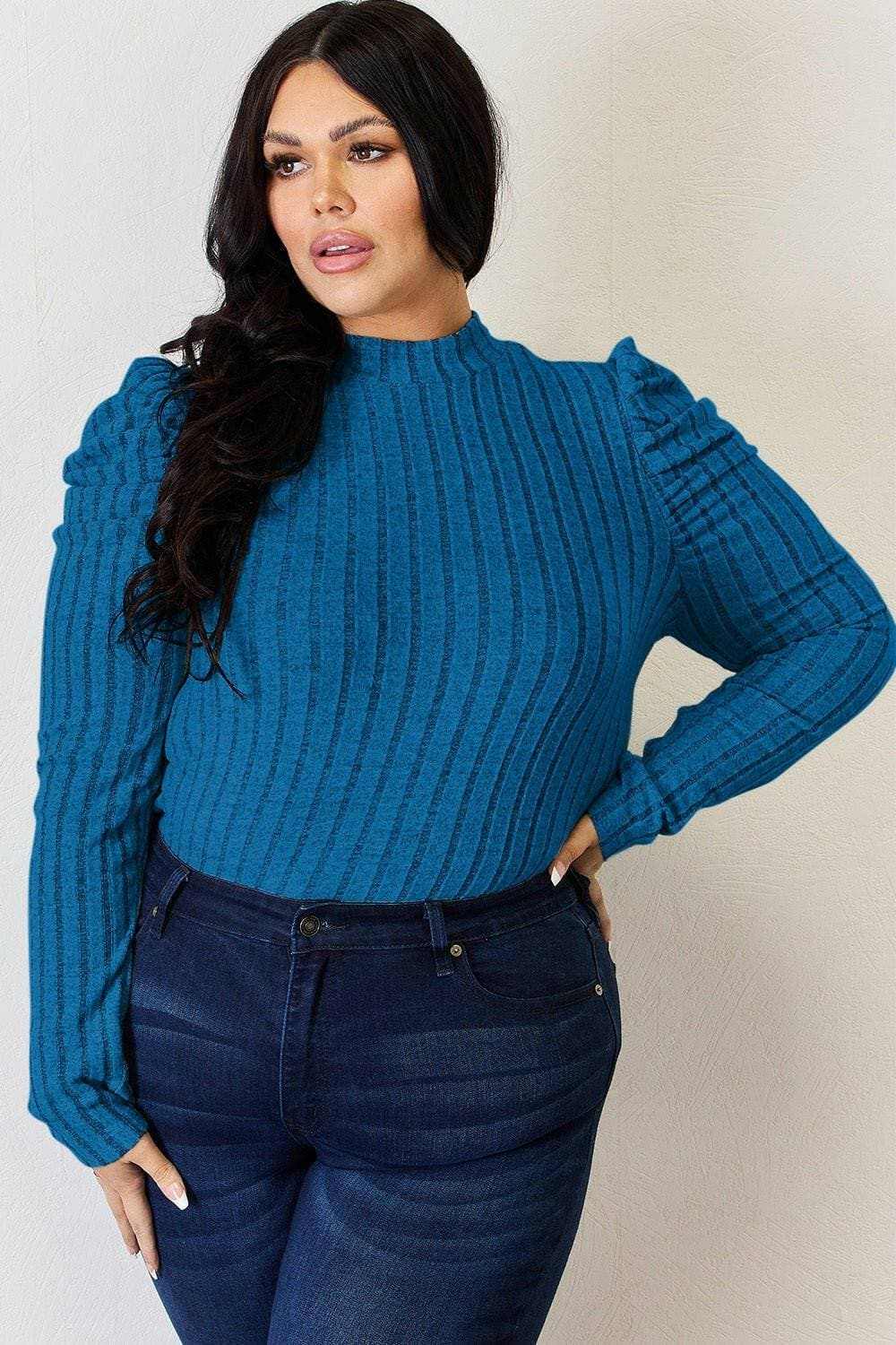 Ribbed mock neck top with puff sleeves - Love Salve 