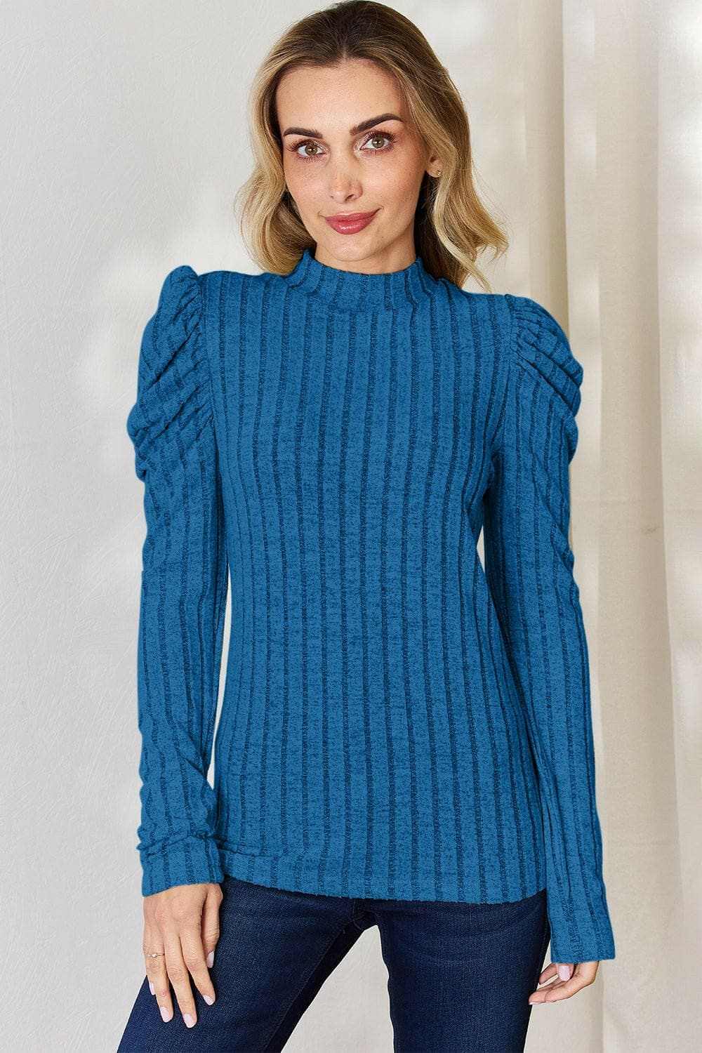 Ribbed mock neck top with puff sleeves - Love Salve 