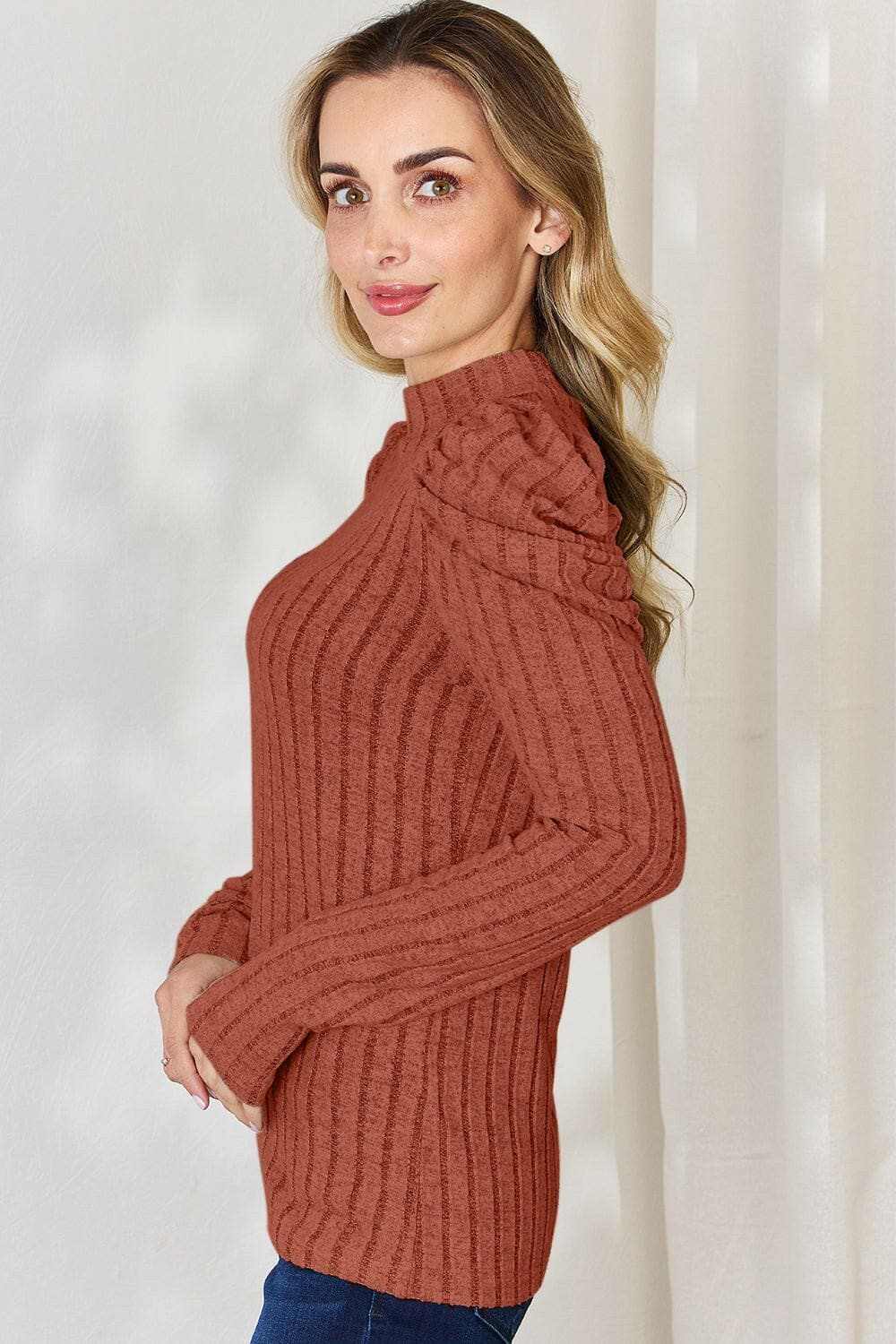 Ribbed mock neck top with puff sleeves - Love Salve 