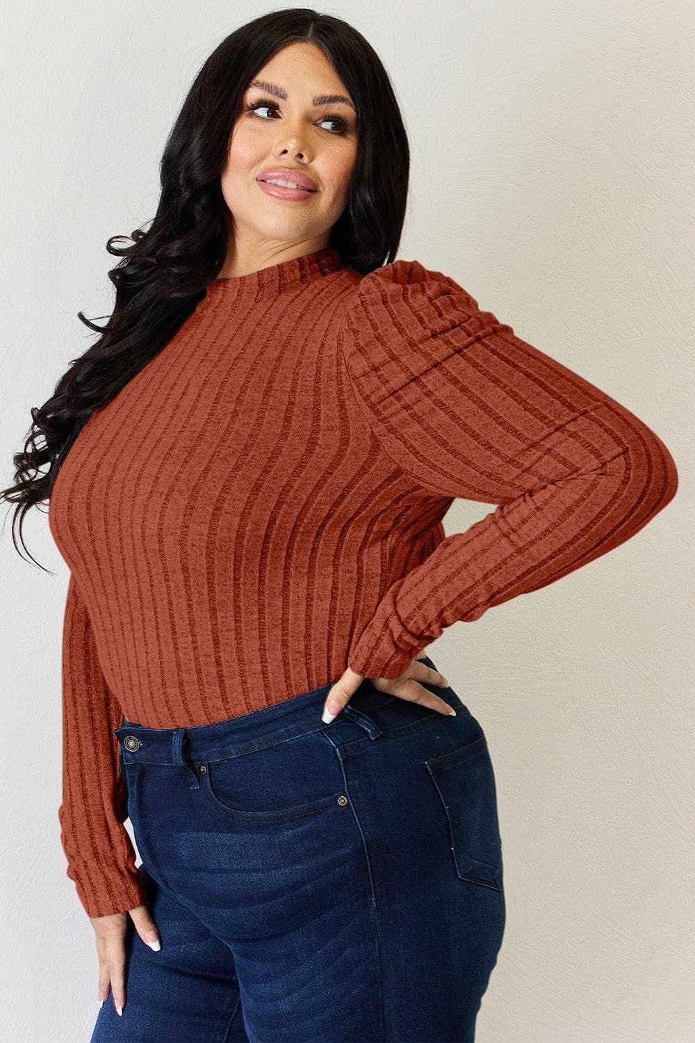 Ribbed mock neck top with puff sleeves - Love Salve 