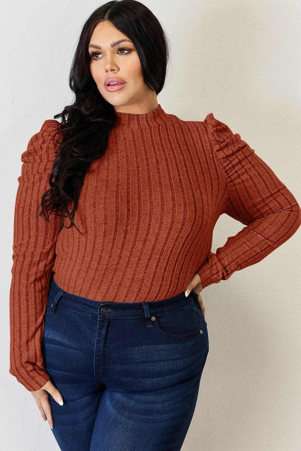 Ribbed mock neck top with puff sleeves - Love Salve 
