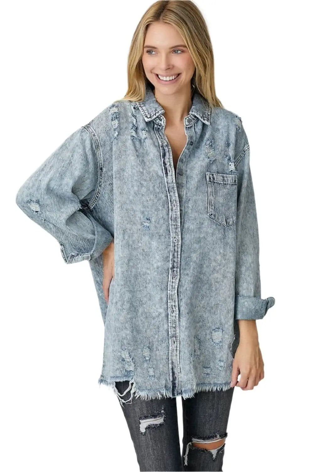 Risen distressed raw hem shirt - Love Salve 
