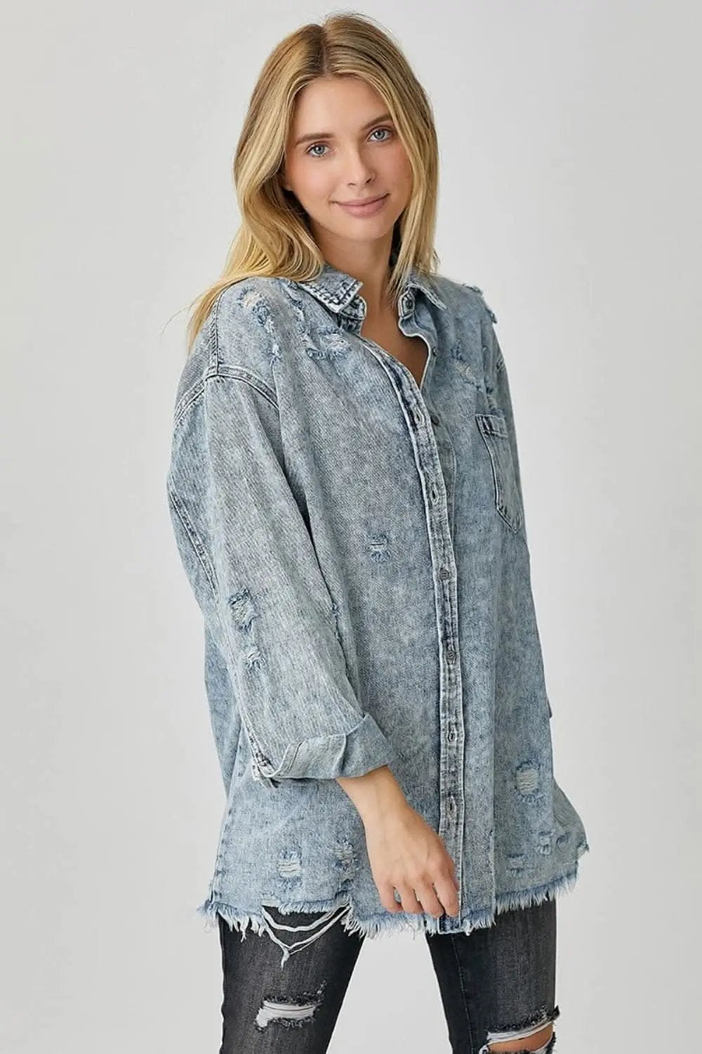 Risen distressed raw hem shirt - Love Salve 